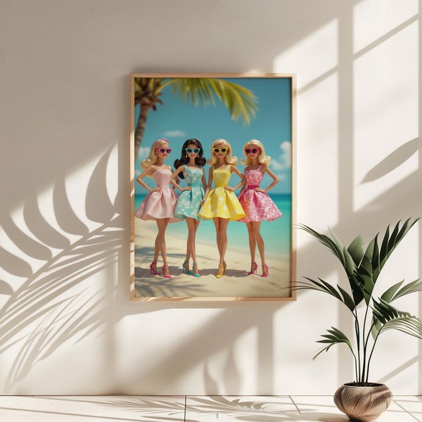 Póster vertical mate "Muñecas Babe en tonos pastel en la playa": arte mural maximalista, decoración moderna para el hogar, estética preppy, estilo costero chic