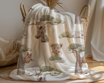 Whimsical Baby Jungle Safari Animals with Trees - Velveteen Plush Throw Blanket