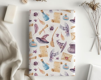 Whimsical Wizards and Witches Gift Wrapping Paper Sheets - Halloween Gifting, Cute Birthday Gift Wrap, Fall Gift Accessory, Kids Wrapping