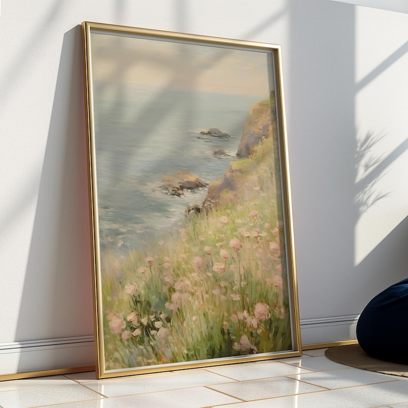 Falaise côtière avec scène de paysage de fleurs roses, affiche verticale mate, impression d'art - décoration d'intérieur chic côtière, art mural de plage, impression peinte image 4