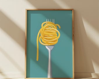 Spaghetti Pasta on a Fork Blue Matte Vertical Poster Art Print - Kitchen Wall Art, Dining Room Decor, Preppy Aesthetic Home, Pasta Poster
