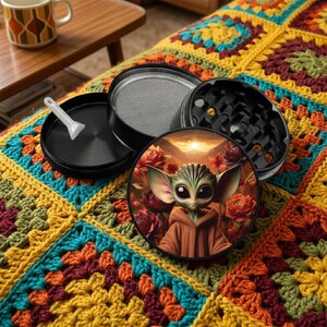 Small Alien with Large Ears and Orange Flowers Metal Grinder - 4-Layer 2.5" Round Herb Grinder - Kitchen Mill