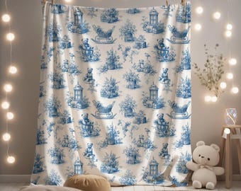 Teddy Bear, Pram, and Horse Baby Nursery Toile de Jouy Velveteen Plush Throw Blanket - Kids Room Decor Blue Nursery Blanket Baby Shower Gift