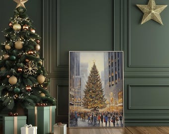 City Center Christmas Tree Winter Scene Matte Vertical Poster Art Print - Holiday Gallery Wall Art, Traditional Home Decor, Snowy Scene