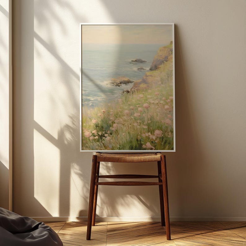 Falaise côtière avec scène de paysage de fleurs roses, affiche verticale mate, impression d'art - décoration d'intérieur chic côtière, art mural de plage, impression peinte image 5