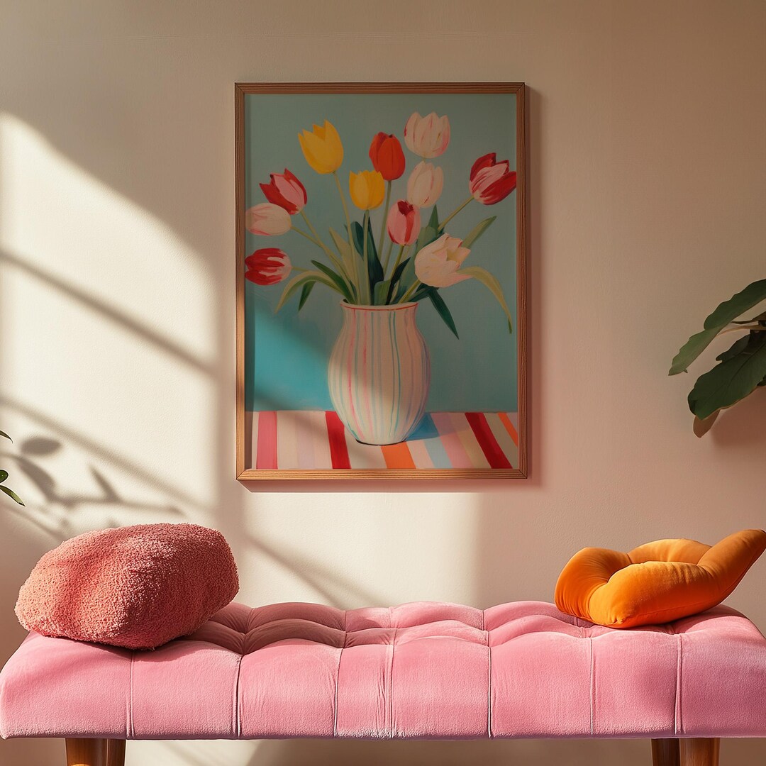 Colorful Tulips in Striped Vase Matte Vertical Poster Art Print - Bold ...