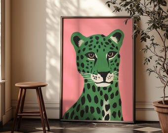 Green Cheetah Portrait with Pink Background Matte Vertical Poster Art Print -Maximalist Abstract Aesthetic TigerLeopard Lion Home Decor Wall