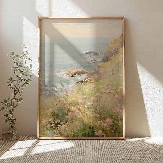 Coastal Cliffside with Pink Blooms Landscape Scene Matte Vertical Poster Art Print - Coastal Chic Home Decor, Beach Wall Art, Painted Print