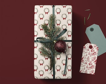 Christmas Wreath Dainty Rustic Holiday Gift Wrapping Paper - Woodland Gifting, Vintage Traditional Winter Gift Accessories, Red and Green