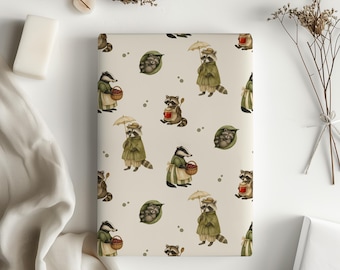 Whimsical Cottage Core Raccoon Gift Wrapping Paper Sheets - Vintage Aesthetic Gift Wrap, Birthday, Baby Shower, Christmas, Natural Holiday
