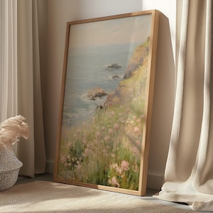 Falaise côtière avec scène de paysage de fleurs roses, affiche verticale mate, impression d'art - décoration d'intérieur chic côtière, art mural de plage, impression peinte image 2