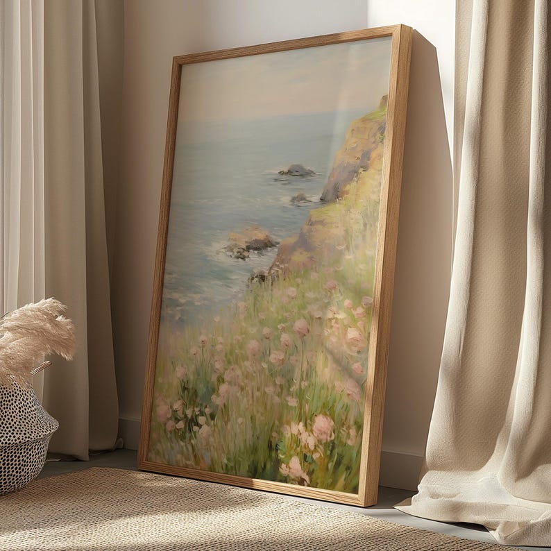 Falaise côtière avec scène de paysage de fleurs roses, affiche verticale mate, impression d'art - décoration d'intérieur chic côtière, art mural de plage, impression peinte image 2