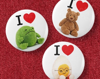 custom badge i love jellycat ricky rain frog bartholomew bear egg axolotl heart cute pin button 25mm 1 inch