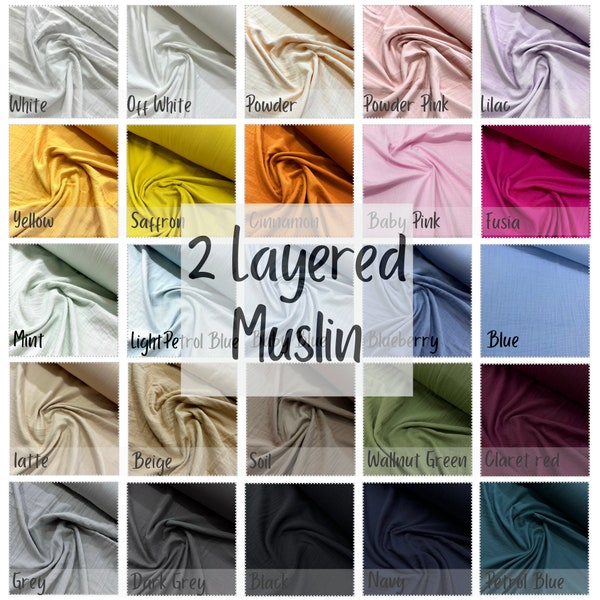 Double Gauze Muslin Plain Fabric by Meter, Crinkle, Baby Cotton, Lightweight, Dressmaking, perfect for sewing, Premium 100% Cotton