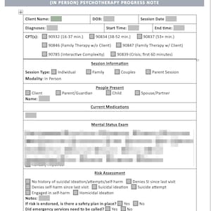 May include: A partially filled-out psychotherapy progress note form. The form includes sections for client information, diagnoses, session details, and risk assessment. The text "(IN PERSON) PSYCHOTHERAPY PROGRESS NOTE" is at the top.