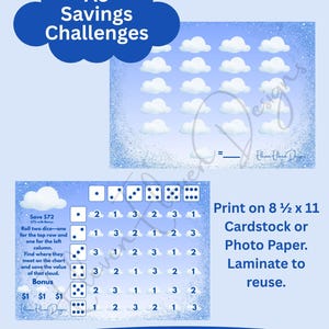 May include: A digital download set featuring two A5 savings challenges with a cloud theme. One chart has cloud illustrations for tracking savings, and the other includes dice rolling instructions. The text reads "Print on 8 1/2 x 11 Cardstock or Photo Paper. Laminate to reuse."