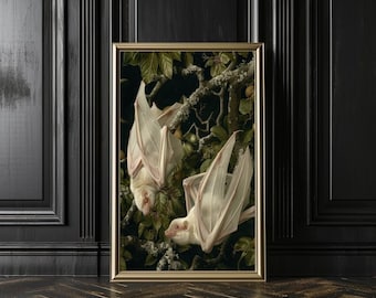 Impressão de Morcego-da-Fruta Albino - Dark Academia - Estilo Cottagecore Gótico - Arte de Parede Gótica Botânica - Decoração Caprichosa - Pôsteres Verticais Foscos