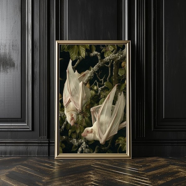 Estampado de murciélago frugívoro albino - Estilo Dark Academia - Estilo gótico cottagecore oscuro - Gótico botánico, arte mural - Decoración Whimsigoth - Pósteres verticales mate
