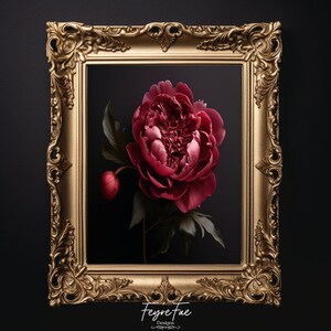 May include: A framed floral print showing a deep red peony on a black backdrop. The ornate gold frame has detailed carvings. The image includes a bud and green leaves. The artist's signature, "Feyre Fae Designs," is at the bottom.