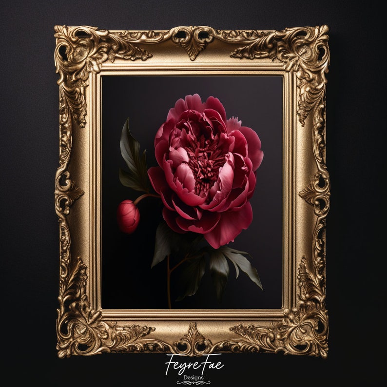 May include: A framed floral print showing a deep red peony on a black backdrop. The ornate gold frame has detailed carvings. The image includes a bud and green leaves. The artist's signature, "Feyre Fae Designs," is at the bottom.