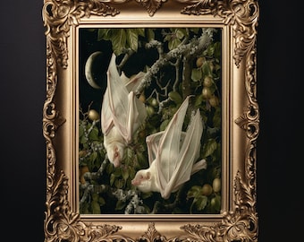 Murciélago frugívoro albino a la luz de la luna - Impresión Dark Academia - Impresión gótica Dark Cottagecore - Arte de pared gótico botánico - Decoración Whimsigoth - Digital