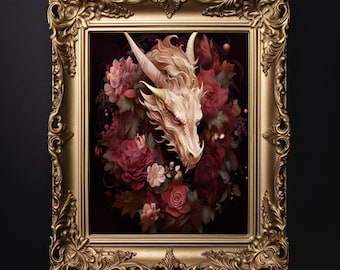 Dragón Botánico Borgoña - Lámina Botánica de Estilo Melancólico - Arte de Pared Estilo Cottagecore Oscuro - Decoración Gótica para el Hogar - Decoración Goblincore - Arte Digital