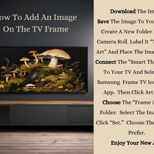 May include: A digital art print of mushrooms in a forest setting, displayed on a black TV frame. The image is set against a dark background, with instructions on how to add an image to a TV frame.