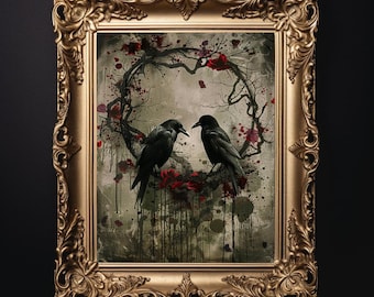 Dark Gothic Raven Printable Art - Moody Forest Crow Wall Decor with Crimson Peonies | Digital Download for Dark Academia or Witchy Aesthetic