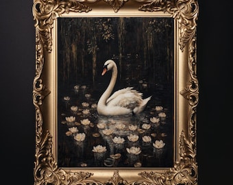 Pintura al óleo de un cisne oscuro y melancólico, escena gótica de estanque con pétalos flotantes, pintura estilo cottagecore oscuro, arte para pared, decoración estilo academia oscura, impresión digital