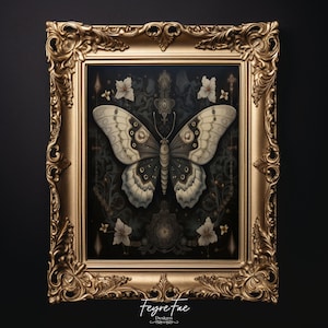 Puede incluir: Una ilustraci&oacute;n enmarcada de una mariposa en blanco y negro con detalles intrincados. La mariposa est&aacute; rodeada de elementos florales y un fondo oscuro. El marco es dorado con detalles ornamentados. El texto "Feyre Tae Designs" est&aacute; en la parte inferior del marco.