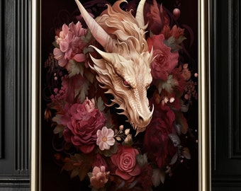 Burgundy Botanical Dragon Print - Dragon Wall Art - Dark Cottagecore Wall Art - Gothic Home Decor -  Goblincore Decor - Poster