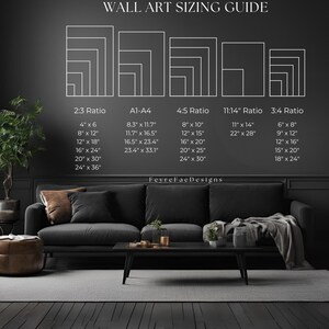 Puede incluir: Una gu&iacute;a de tama&ntilde;o de arte de pared con diferentes relaciones de aspecto y dimensiones correspondientes en pulgadas. La gu&iacute;a muestra las dimensiones para una relaci&oacute;n de 2:3, una relaci&oacute;n A1-A4, una relaci&oacute;n de 4:5, una relaci&oacute;n de 11:14 y una relaci&oacute;n de 3:4.