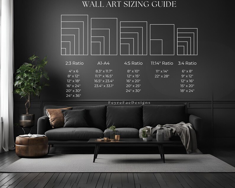 Puede incluir: Una gu&iacute;a de tama&ntilde;o de arte de pared con diferentes relaciones de aspecto y dimensiones correspondientes en pulgadas. La gu&iacute;a muestra las dimensiones para una relaci&oacute;n de 2:3, una relaci&oacute;n A1-A4, una relaci&oacute;n de 4:5, una relaci&oacute;n de 11:14 y una relaci&oacute;n de 3:4.