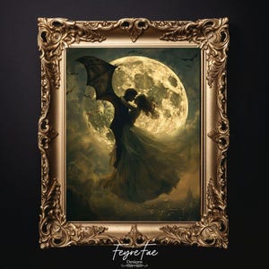 Bat-Winged Lovers in Moonlit Embrace, Romantic Gothic Digital Art, Dark Romance Decor, Gothic Lovers Under Full Moon Digital Print, Dracula