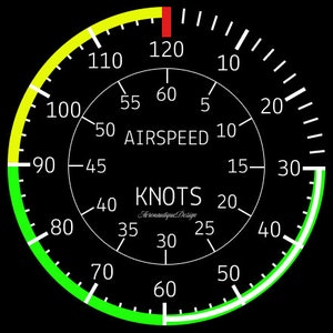 May include: A round, white gauge with a black background and a yellow and green arc. The gauge is labelled "AIRSPEED" and "KNOTS" and has markings from 0 to 120. The needle is pointing to 120.