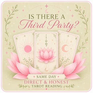 Puede incluir: Una ilustración gráfica con tres cartas de tarot con un motivo de flor de loto rosa, sol y luna. El texto dice IS THERE A THIRD PARTY? SAME DAY DIRECT & HONEST TAROT READING. El diseño incluye pétalos de loto rosa y detalles botánicos.