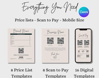 May include: A digital marketing kit for businesses, featuring 8 price list templates, 8 scan to pay templates, and 16 digital templates in a mobile size of 1080x1920 pixels. The templates are designed for easy use and can be customized to fit your brand.