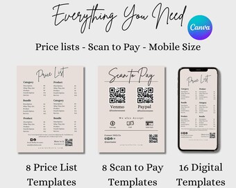 May include: A digital mockup of a mobile phone screen displaying a price list template. The template is designed for businesses to create digital price lists for their products and services. The template includes sections for product name, description, price, and category. The template also includes a QR code for customers to scan and pay for their purchases.