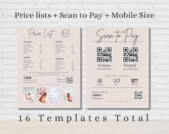 May include: A pink and beige printable price list template with a scan to pay section. The price list section has a table with columns for category, description, what they get, product, fourth option, and service. The scan to pay section has QR codes for Venmo and Paypal, and icons for Cash App, cash, and debit card. The text "Connect With Us" is below the icons, with social media icons and a website address. The text "16 Templates Total" is at the bottom of the page.