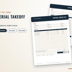 Op de afbeelding: Een invulbaar PDF-formulier voor een materiaallijst met een donkerblauwe kop en een witte achtergrond. Het document bevat secties voor projectgegevens en een materiaaltabel met kolommen voor artikelomschrijving, maat, aantal, eenheid en kosten.