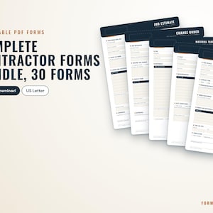 May include: A bundle of 30 fillable PDF contractor forms in US Letter size. The text reads: 30 FILLABLE PDF FORMS, COMPLETE CONTRACTOR FORMS BUNDLE, 30 FORMS, Instant download, US Letter, JOB ESTIMATE, CHANGE ORDER, MATERIAL TAKEOFF LIST, SITE VISIT SHEET.