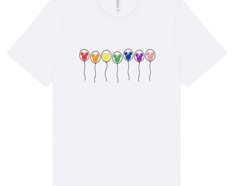 May include: White t-shirt with a rainbow of Mickey Mouse head balloons printed on the front.