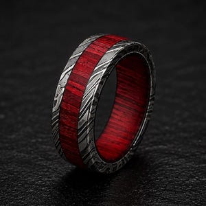 Handmade Damascus Steel Ring with Red Wood Inlay, Men's Wedding Band, Unique Anniversary Ring, Rustic Promise Ring, Gift for Him