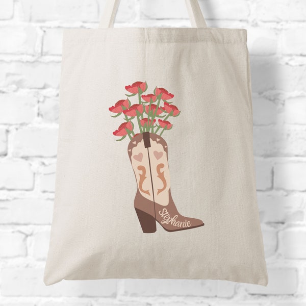 August Birth Month Poppy Flower gift | Cowgirl Boot Tote Bag | Cotton Canvas Bag | Custom personalized sorority tote bag |  book totebag