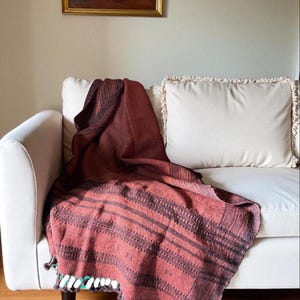 Handwoven Wool Throw Blanket: Embroidered Fringe, Boho Couch Cover