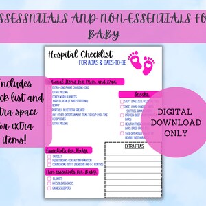 Może przedstawiać: R&oacute;żowa lista kontrolna dla przyszłych mam i tatusi&oacute;w z tytułem "Hospital Checklist" i tekstem "Essentials and Non-Essentials for Baby". Lista kontrolna zawiera sekcje dla "Essential Items for Mom and Dad", "Essentials for Baby", "Non-Essentials for Baby", "Snacks" i "Extra Items".