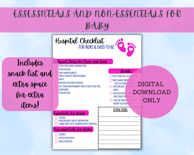 Może przedstawiać: R&oacute;żowa lista kontrolna dla przyszłych mam i tatusi&oacute;w z tytułem "Hospital Checklist" i tekstem "Essentials and Non-Essentials for Baby". Lista kontrolna zawiera sekcje dla "Essential Items for Mom and Dad", "Essentials for Baby", "Non-Essentials for Baby", "Snacks" i "Extra Items".