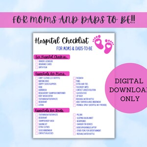 Może przedstawiać: R&oacute;żowa i niebieska lista kontrolna dla przyszłych mam i tatusi&oacute;w z tytułem "Hospital Checklist" i tekstem "For Moms & Dads-to-Be". Lista kontrolna jest podzielona na dwie sekcje: "For Hospital Check-in" i "Essentials for Moms and Dads".