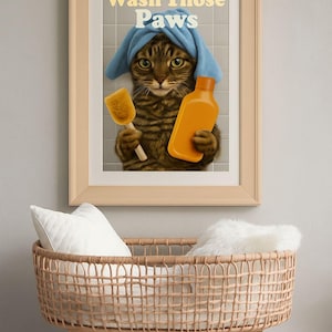 Pôster de gato lave as patas, decoração de banheiro, impressão de imagem de animal, arte de parede vintage, banheiro, decoração de casa A4/A3, emoldurado/sem moldura