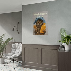 Pôster de gato lave as patas, decoração de banheiro, impressão de imagem de animal, arte de parede vintage, banheiro, decoração de casa A4/A3, emoldurado/sem moldura
